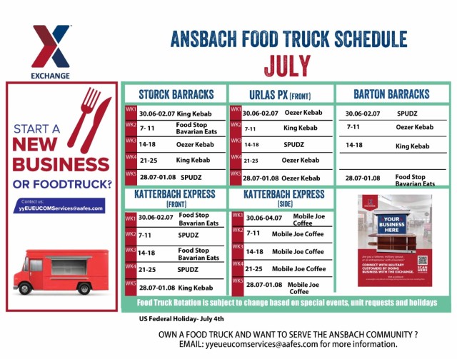 July 2025 Ansbach Food Truck schedule