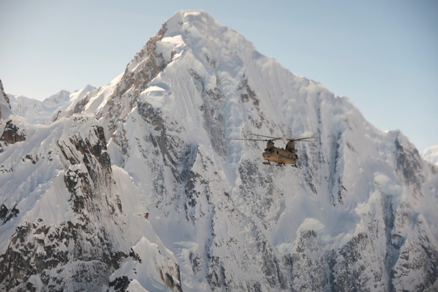 Aviators from 1st Battalion, 52nd General Support Aviation Battalion (Sugar Bears), pilot a CH-47 Chinook above Kahiltna Glacier in Denali National Park, April 24, 2024. After 43 years of the aviation unit delivering vital equipment like food,...