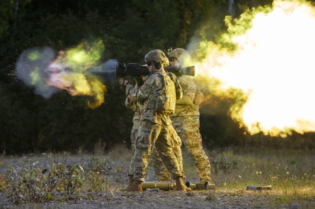 U.S. Army paratroopers assigned to 3rd Battalion, 509th Parachute Infantry Regiment, 4th Infantry Brigade Combat Team (Airborne), 25th Infantry Division, U.S. Army Alaska, fire an M3 Multi-Role Anti-Armor Anti-Personnel Weapon System (MAAWS)...