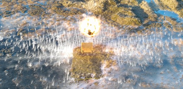 The improved High Explosive (HE) 441E round fires metal spheres at point detonation or airburst with an improved spread pattern than the original HE 441D.