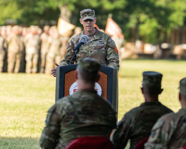 Col. Paul Lashley gives his remarks after assuming command of the 75th Field Artillery Brigade during the Brigade Change of Command and Responsibility Ceremony June 26, 2025 on Fort Sill, Oklahoma. (U.S. Army photo by Sgt. 1st. Class Keegan Mattick)