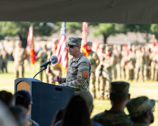 Col. Stephen Walker gives his closing remarks after relinquishing command of the 75th Field Artillery Brigade during the Brigade Change of Command and Responsibility Ceremony June 26, 2025 on Fort Sill, Oklahoma. (U.S. Army photo by Sgt. 1st....