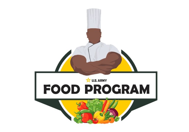 Army Food Program Logo consisting of an army chief over a variety of vegetables.