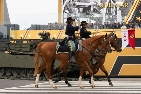 U.S. Army Soldiers assigned to the 1st Cavalry Division Horse Detachment, salute President of the United States Donald J. Trump during the pass in review portion of the 250th Army Birthday Parade June 14, 2025, in Washington, D.C. The parade...