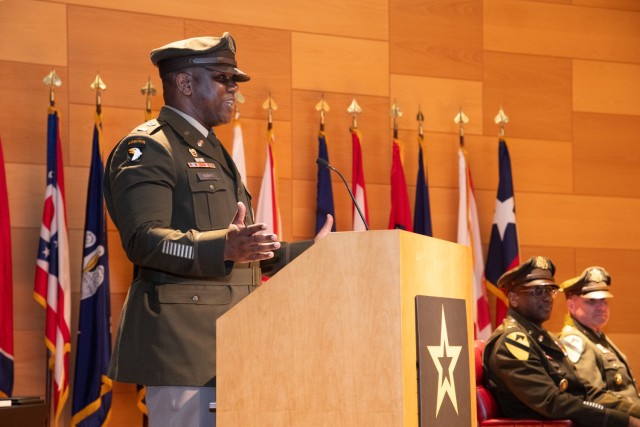 CW5 Kevin I. Banks speaks as CECOM&#39;s newest Command Chief Warrant Officer.