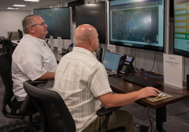 Lloyd Nash, (left) plans and operations specialist with the Directorate of Plans, Training, Mobilization and Security, and Matt Mertz, DPTMS installation emergency manager, conduct Physical Security Integrated Framework training monthly for...