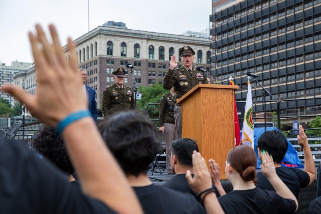 Lt. Gen. Johnny K. Davis, commanding general of the U.S. Army Recruiting Command, swears in 250 Army recruits during an enlistment ceremony at the Army’s 250th Birthday celebration at Independence Mall in Philadelphia, June 14, 2025. The Army...