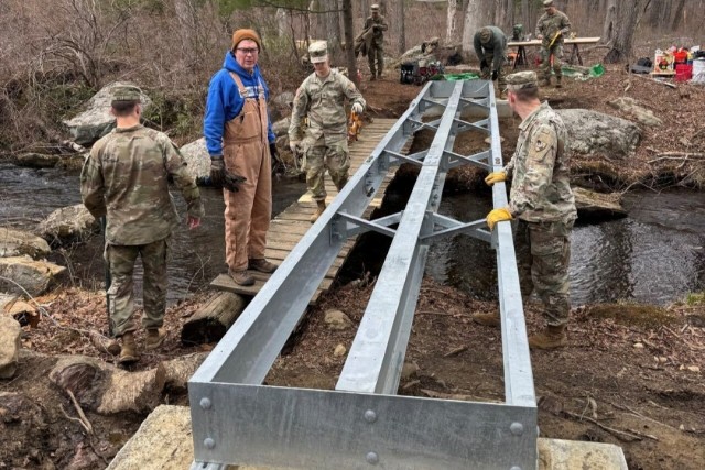 Cadets build a pedestrian bridge on the Appalachian Trail in Harriman State Park, NY