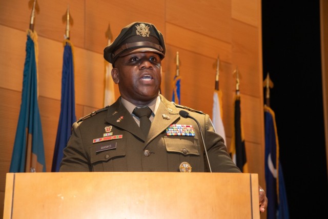 CW5 Kevin I. Banks speaks as CECOM&#39;s newest Command Chief Warrant Officer.