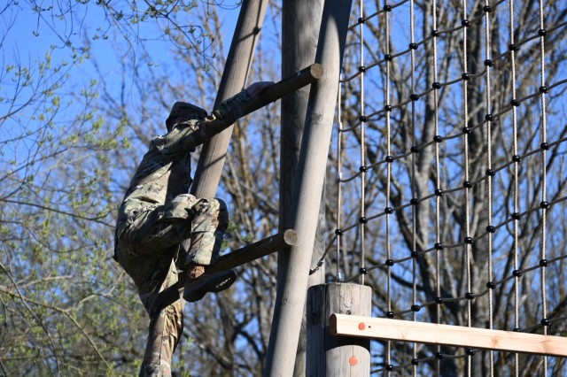 PFC Cristal Barrera - representing USAG Ansbach at the 2025 Installation Management Command-Europe (IMCOM-E) Best Warrior Competition (BWC) during the obstacle course at the U.S. Army Garrison (USAG) Stuttgart's Panzer Range Complex in Boeblingen,...