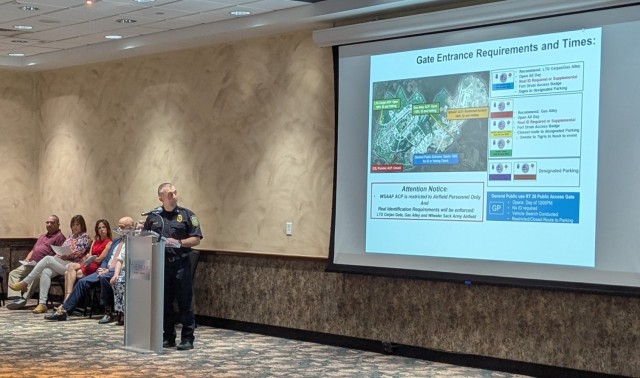 Capt. Morgan Cady, Fort Drum Directorate of Emergency Services deputy chief of operations, briefs on gate information, road closures and security for Mountainfest during the Community Information Exchange, June 4, inside The Peak. (Photo by Mike...