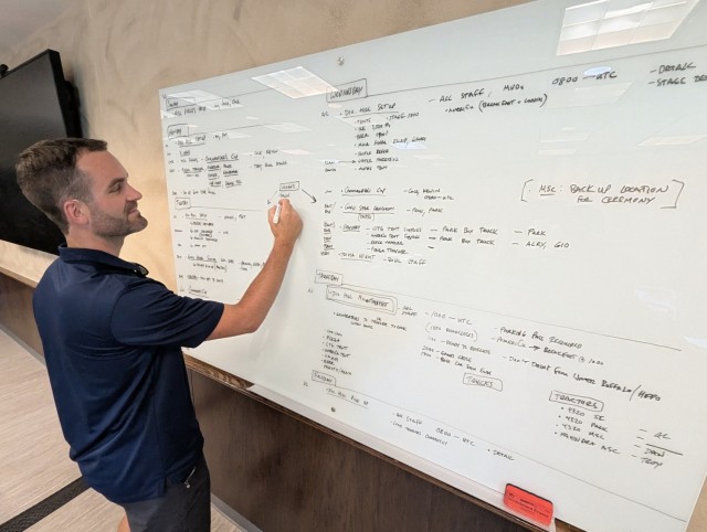 Many Mountainfest meetings have been held inside the FMWR conference room at The Peak. Charlie Rhode, Fort Drum FMWR Business and Community Recreation Division deputy chief, consults the Mountainfest board that lists an array of day-to-day tasks...