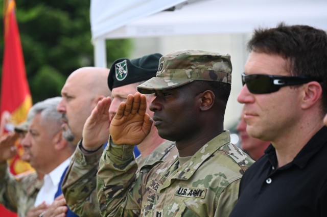 Welcoming Col. Edward Sanford as the new commander of the United States Army Garrison Stuttgart during the change of command ceremony on Panzer Kaserne, June 26, 2025. Special guests invited for this celebratory moment watch as the guidon is...