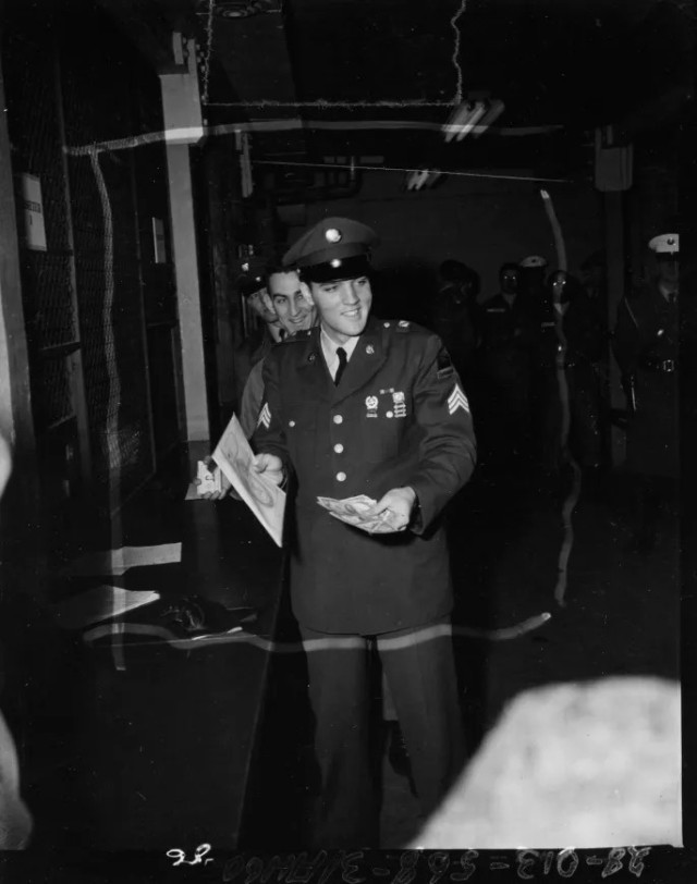 Elvis Presley, shown as a sergeant in the U.S. Army, served in the military from 1958-1960.