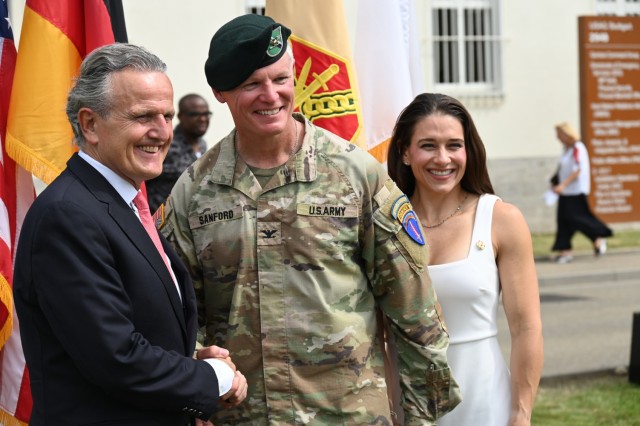 Col. Edward Sanford with Dr. Frank Nopper, the Lord Mayor of Stuttgart, after taking command of the United States Army Garrison Stuttgart at Panzer Kaserne, June 26, 2025.