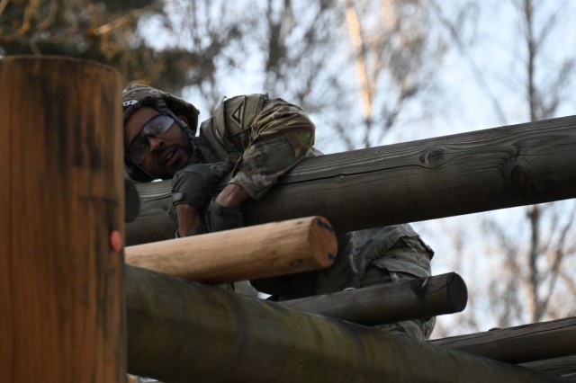 PFC Andre Lewis - representing USAG Bavaria at the 2025 Installation Management Command-Europe (IMCOM-E) Best Warrior Competition (BWC) during the obstacle course at the U.S. Army Garrison (USAG) Stuttgart's Panzer Range Complex in Boeblingen,...