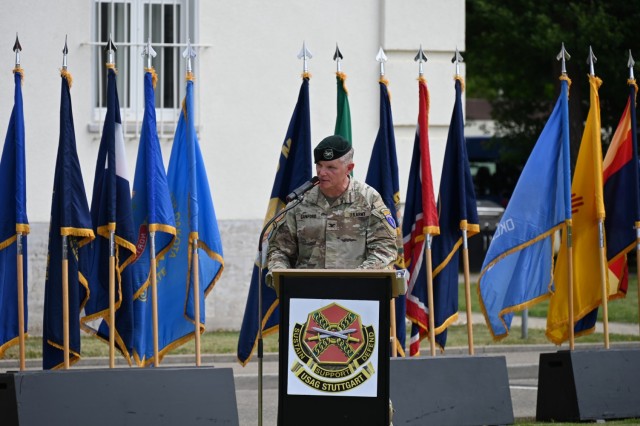 Col. Edward Sanford delivered remarks and thanked everyone in attendance after assuming command of the United States Army Garrison Stuttgart at Panzer Kaserne on June 26, 2025.
