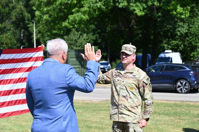 U.S. Army Garrison Stuttgart Director of Emergency Services Ed Otalora presided over the re-enlistment of Staff Sgt. James McGuire on June 30, 2025, at Panzer Kaserne, marking one of several re-enlistment ceremonies he has conducted.
...