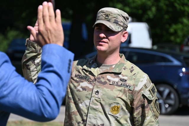 U.S. Army Garrison Stuttgart Director of Emergency Services Ed Otalora presided over the re-enlistment of Staff Sgt. James McGuire on June 30, 2025, at Panzer Kaserne, marking one of several re-enlistment ceremonies he has conducted.
...