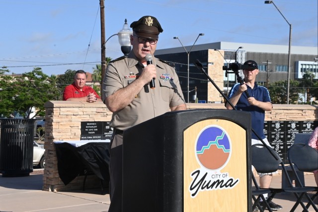 U.S. Army Yuma Proving Ground commander Col. John Nelson provides keynote remarks at the Caballeros de Yuma’s 39th annual Fourth of July Flag Raising Ceremony at Armed Forces Park on July 4, 2025.