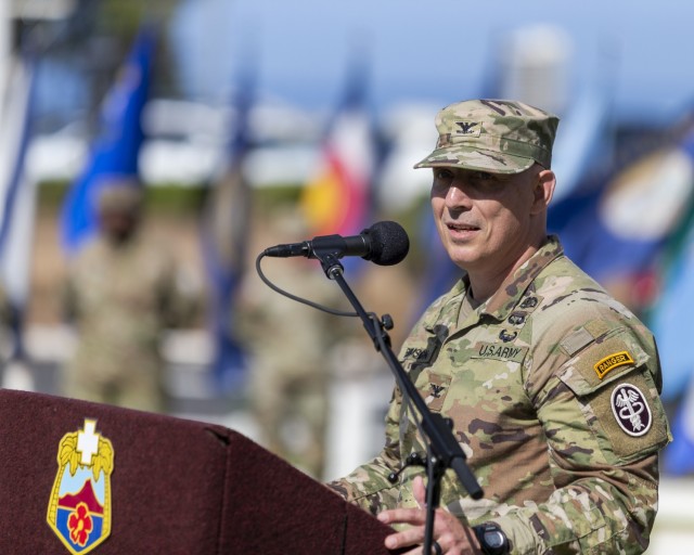 U.S. Army Col. William Bimson, Tripler Army Medical Center incoming commander, gives his remarks during the change of command ceremony for Tripler Army Medical Center, Honolulu, Hawaii, June 30, 2025.