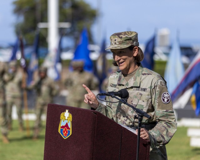 U.S. Army Brig. Gen. Deydre Teyhen, commanding general, Medical Readiness Command, Pacific, and director, Defense Health Network Indo-Pacific, delivers remarks during the Tripler Army Medical Center change of command ceremony June 30, 2025.