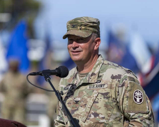 U.S. Army Col. Michael Ronn, Tripler Army Medical Center outgoing commander, gives his remarks during the change of command ceremony for Tripler Army Medical Center, Honolulu, Hawaii, June 30, 2025.