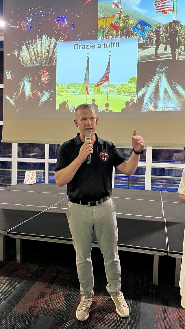 VICENZA, Italy – U.S. Army Garrison Italy Commander Col. Scott Horrigan offers his remarks in Italian during the annual Mayors’ Summit, held at Caserma Ederle’s Arena July 3, 2025. More than 90 Italian officials and guests attended the event...