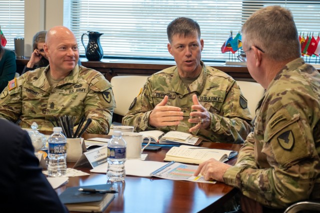 U.S. Army Security Assistance Command Commanding General Brig. Gen. Allen Pepper and Command Sgt. Maj. Michael Cordery brief Lt. Gen. Chris Mohan, Army Materiel Command’s deputy commanding general and acting commander, during an organizational...