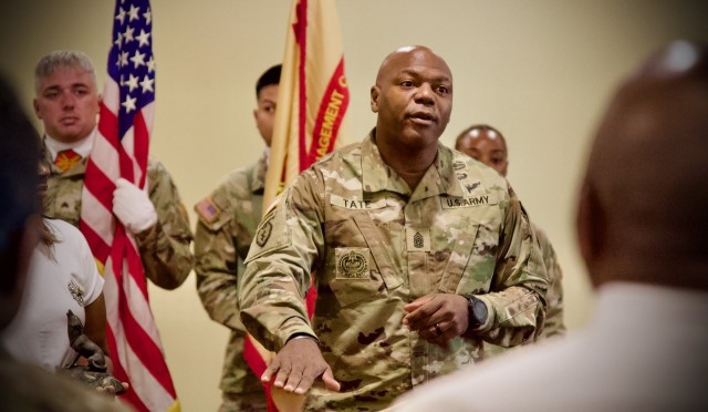 NTC & Fort Irwin Command Sgt. Maj. Carvet C. Tate, speaks prior to the the Garrison Command Sgt. Maj. Change of Responsibility ceremony held at the Sandy Basic Community Center, 10 July 2025,.