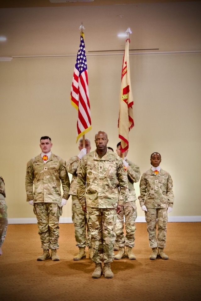 Command Sgt. Maj. DeMarius M. Lyles assumes responsibility of Fort Irwin Garrison as the post Command Sgt. Maj. during a ceremony held at the Sandy Basic Community Center, 10 July 2025,.
