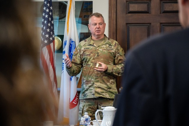 Lt. Gen. Chris Mohan, Army Materiel Command’s deputy commanding general and acting commander, delivers opening remarks before an organizational update at the U.S. Army Security Assistance Command in New Cumberland, Pennsylvania, July 9, 2025....