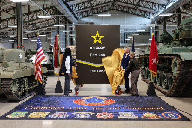 Trooper Nina Amos, National President of the 9th & 10th (Horse) Calvary Association; Col. Rich Bendelewski, Fort Lee garrison commander; Kevin Massengill, Dinwiddie County administrator; and Maj. Gen. Michelle Donahue, commanding general of the...