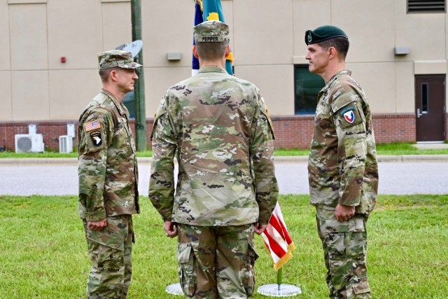 U.S. Army Security Assistance Command’s Brig. Gen. Allen Pepper, (center) hosts the U.S. Army Security Assistance Training Management Organization change of command ceremony at Fort Bragg, N.C. July 11, 2025, welcoming its incoming Col. Thomas...
