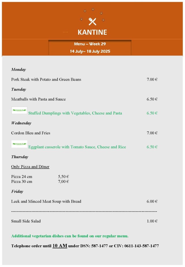 Menu for Kantine on Bismarck Kaserne - 14-18 July