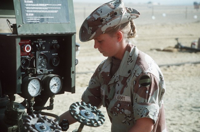 Soldier of the 531st Quartermaster Brigade, Fort Lewis, Washington, operates
equipment to maintain a MOGAS and vehicle repair operation during Exercise
Bright Star, November 1993, Cairo, Egypt.