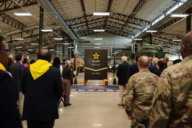 Those in attendance looked forward at the new signage displaying “Fort Lee,” was unveiled during the installation's redesignation ceremony July 11 at the Ordnance Training Support Facility.