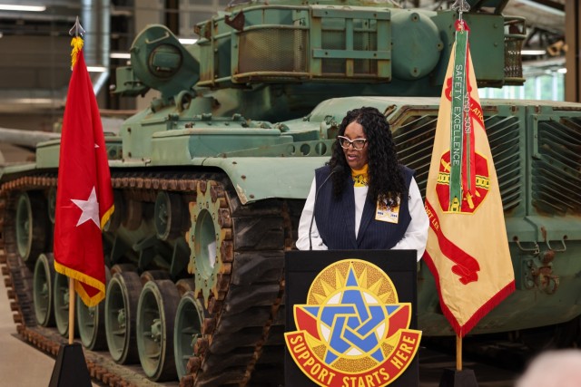 Trooper Nina Amos, National President of the 9th & 10th (Horse) Calvary Association spoke to the crowd during the installation's redesignation ceremony July 11 at the Ordnance Training Support Facility.