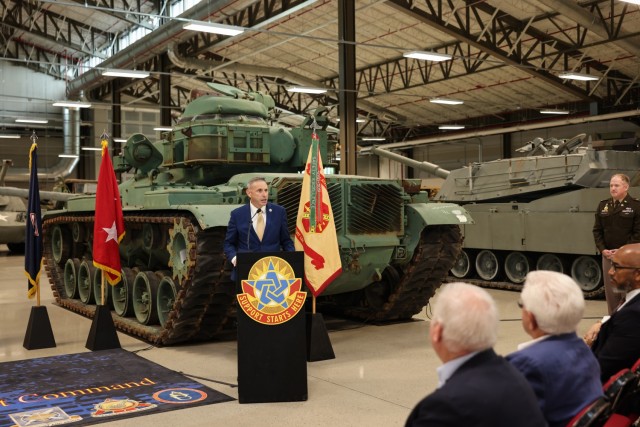 Kevin Massengill, Dinwiddie County administrator spoke to the crowd during the installation's redesignation ceremony July 11 at the Ordnance Training Support Facility.