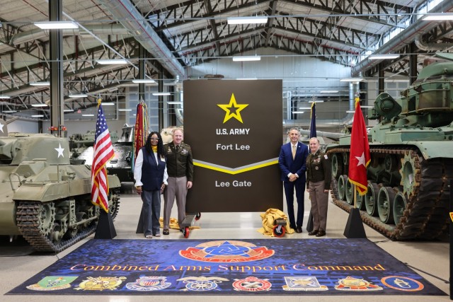 Trooper Nina Amos, National President of the 9th & 10th (Horse) Calvary Association; Col. Rich Bendelewski, Fort Lee garrison commander; Kevin Massengill, Dinwiddie County administrator; and Maj. Gen. Michelle Donahue, commanding general of the...
