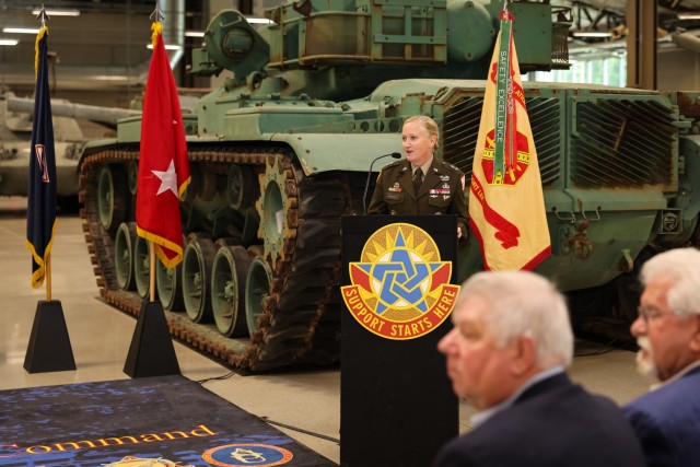 Maj. Gen. Michelle Donahue, commanding general of the Combined Arms Support Command spoke to the crowd during the installation's redesignation ceremony July 11 at the Ordnance Training Support Facility.