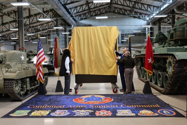 Trooper Nina Amos, National President of the 9th & 10th (Horse) Calvary Association; Col. Rich Bendelewski, Fort Lee garrison commander; Kevin Massengill, Dinwiddie County administrator; and Maj. Gen. Michelle Donahue, commanding general of the...