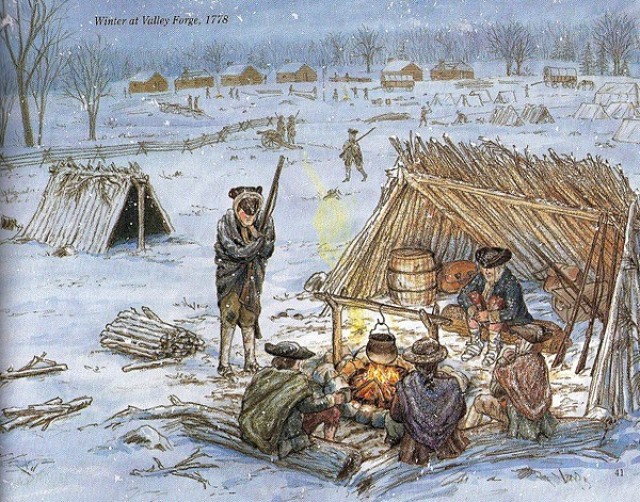 Continental Army Soldiers at their winter encampment near Valley Forge, Pennsylvania, circa 1778.