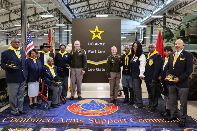 Maj. Gen. Michelle Donahue, commanding general of the Combined Arms Support Command and Fort Lee and Col. Rich Bendelewski, Fort Lee garrison commander stood with Buffalo Soldiers of the 9th & 10th (Horse) Calvary Association next to the new...