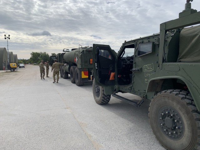 Soldiers of F FSC Distro Platoon get ready for Operation Big Gulp to refill their fuel trucks at Forward Operation Site, Torun, Poland, August 2024.