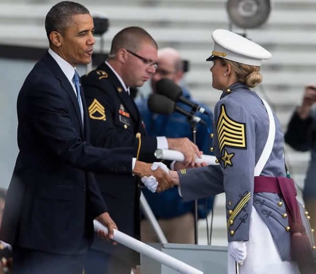 Then West Point First Captain Lindsey Danilack shakes the hand of President Barack Obama during the U.S. Military Academy commencement in 2014.