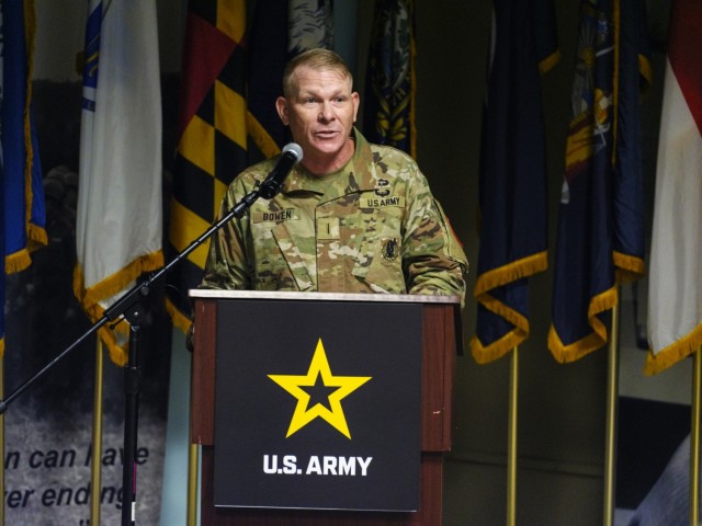 Incoming USAREC CCWO Chief Warrant Officer 5 Chad Bowen gives remarks at welcome ceremony. Army photo by: Robert Hold, USAREC G-7