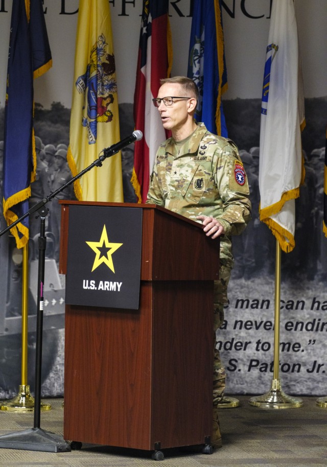 Incoming USAREC DCG Brig. Gen. Eric Van Den Bosch gives remarks at welcome ceremony. Army photo by: Robert Hold, USAREC G-7