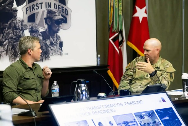 First Army Command Sgt. Maj. Christopher Prosser outlines the First Army mission and vision to the Secretary of the Army, Honorable Dan Driscoll, in First Army headquarters on Rock Island Arsenal, Illinois.