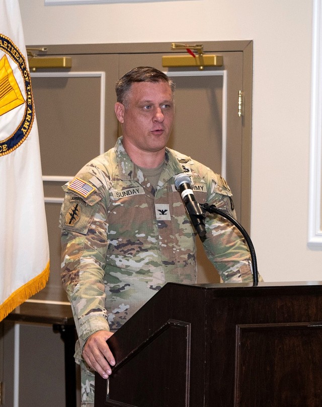 Incoming Fort Leavenworth Garrison Commander Col. Todd Sunday delivers remarks during his change-of-command ceremony with outgoing Garrison Commander Col. Duane Mosier July 1, 2025, at the Frontier Conference Center at Fort Leavenworth, Kansas....